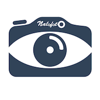 Logo nalofoto bleu blanc 200 dans un cercle blanc